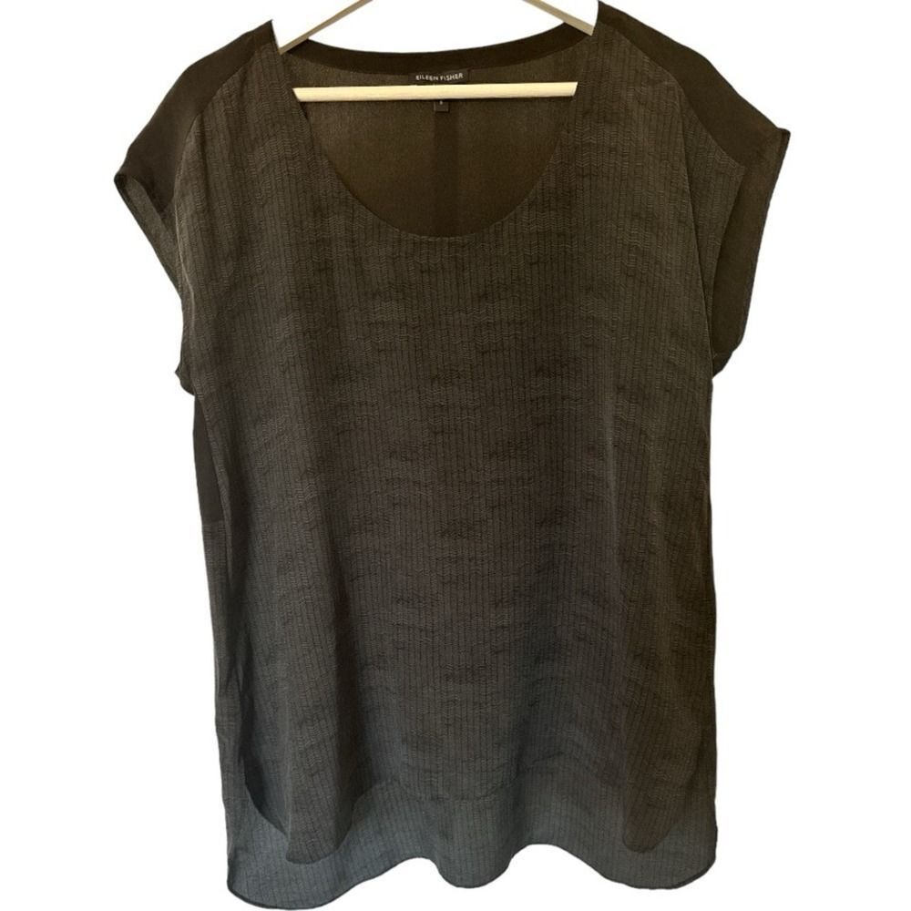 EILEEN FISHER Women's Silk Herringbone Cap Sleeve Tunic Blouse Black Size Small
